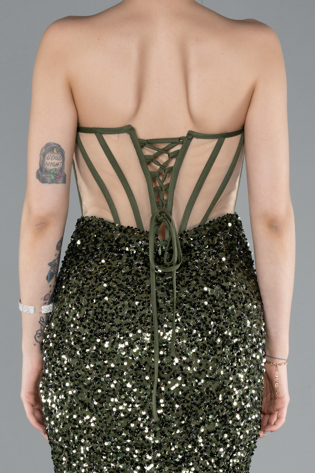 Haki Straplez Bacak Dekolteli Uzun Pullu Balık Abiye ABU4790 - Görsel 4