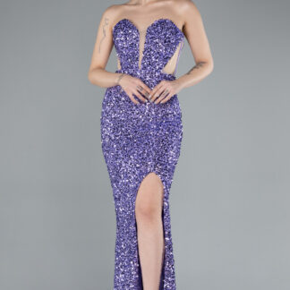 Lila Straplez Bacak Dekolteli Uzun Pullu Balık Abiye ABU4790