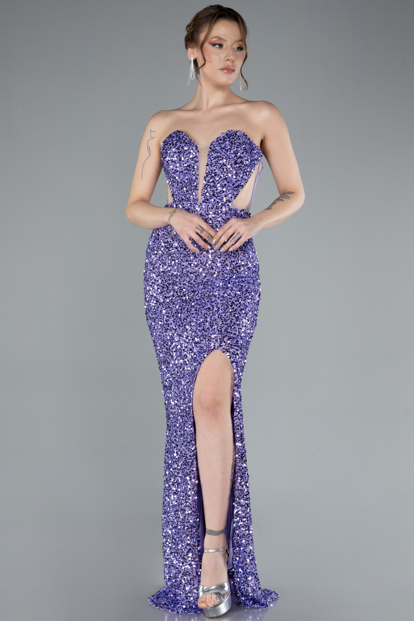 Lila Straplez Bacak Dekolteli Uzun Pullu Balık Abiye ABU4790