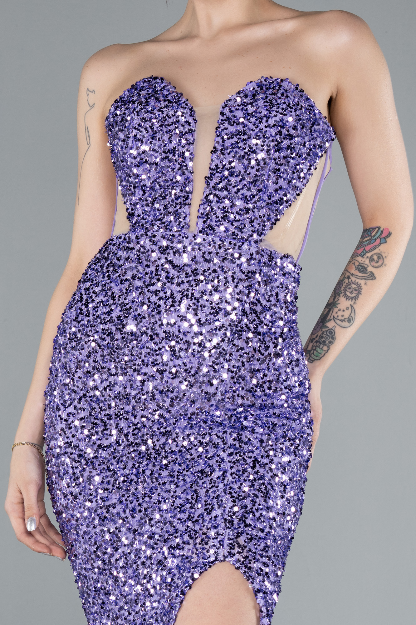 Lila Straplez Bacak Dekolteli Uzun Pullu Balık Abiye ABU4790 - Görsel 3