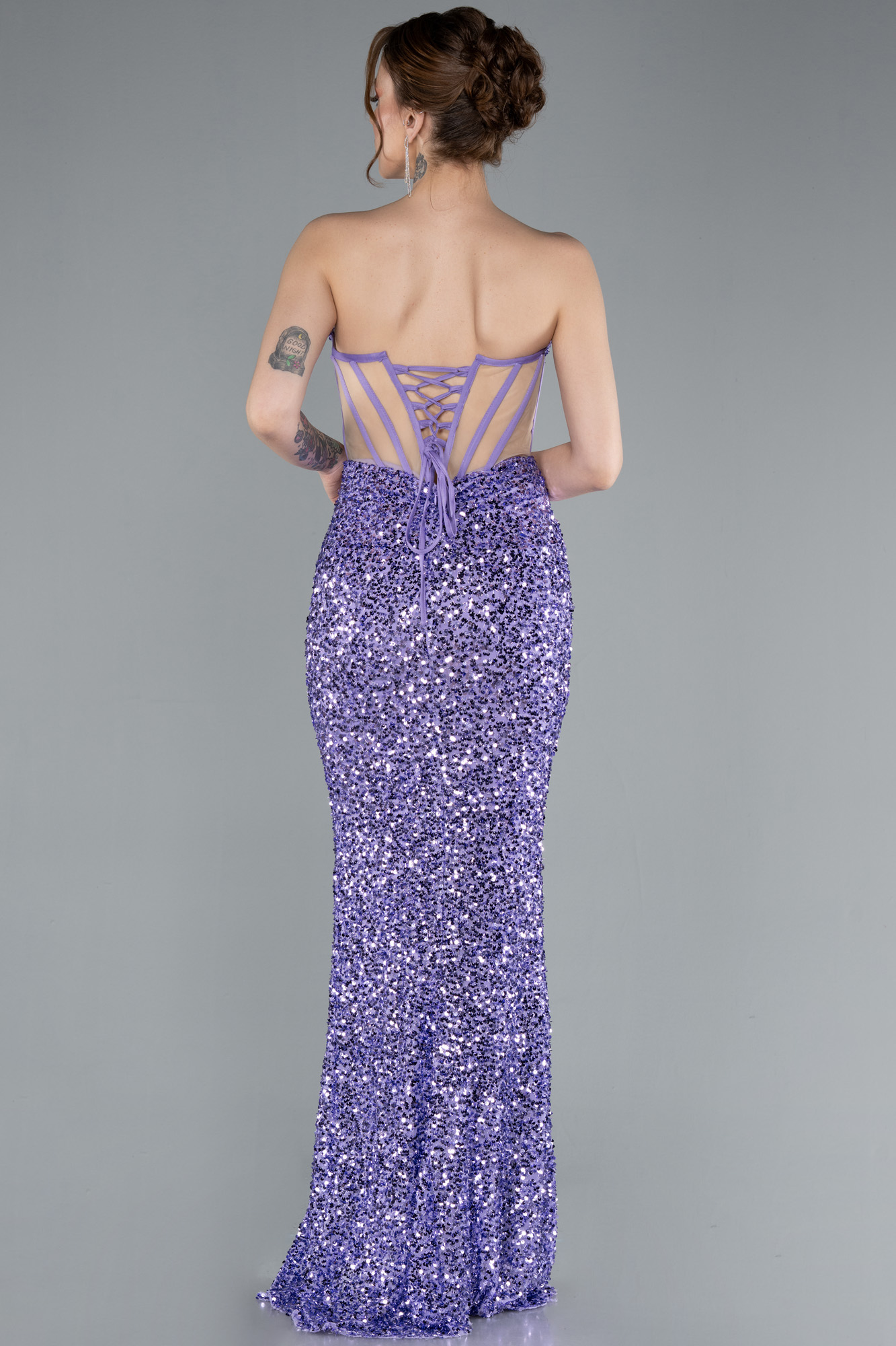 Lila Straplez Bacak Dekolteli Uzun Pullu Balık Abiye ABU4790 - Görsel 2