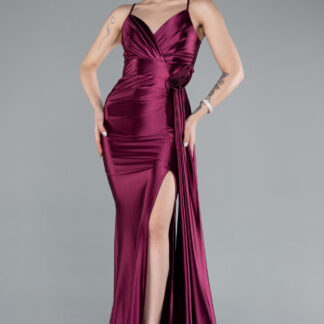 Vişne Bacak Dekolteli Uzun Saten Mezuniyet Elbisesi ABU4814