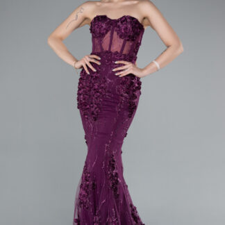 Mürdüm Straplez Üç Boyutlu Çiçek İşlemeli Balık Abiye ABU5306