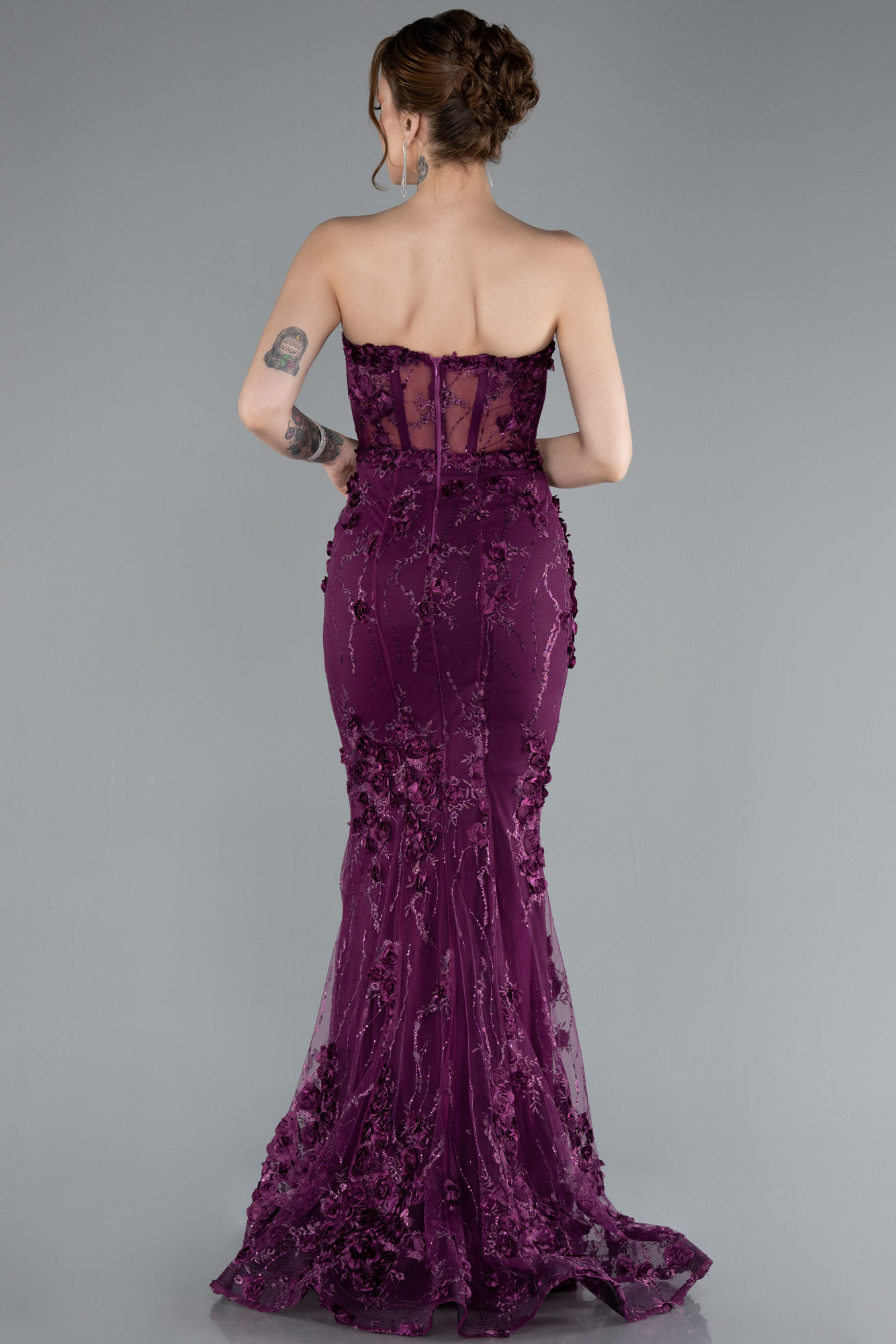 Mürdüm Straplez Üç Boyutlu Çiçek İşlemeli Balık Abiye ABU5306 - Görsel 2