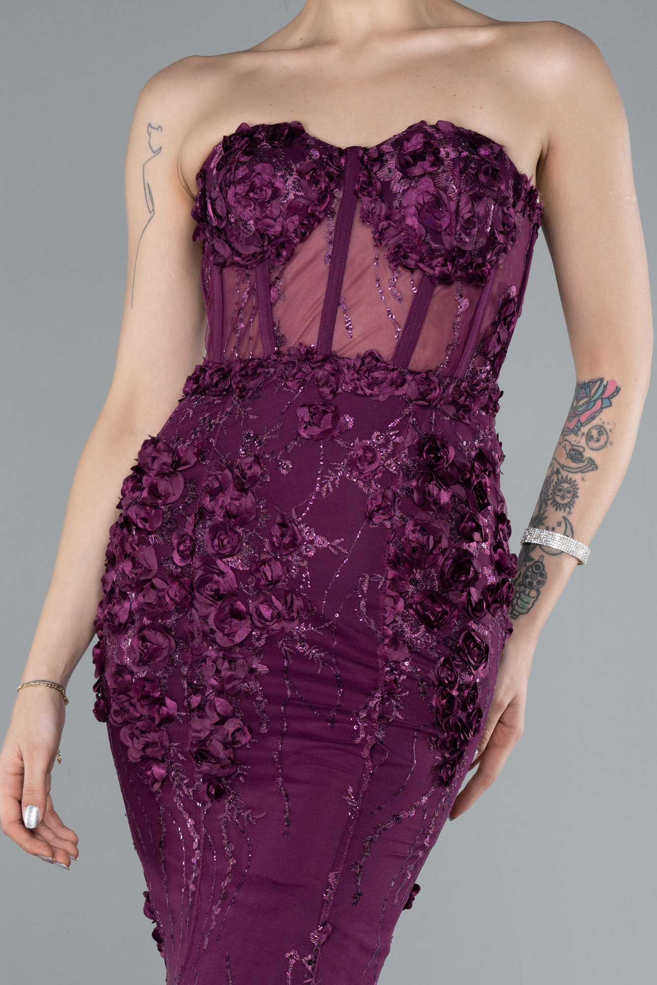 Mürdüm Straplez Üç Boyutlu Çiçek İşlemeli Balık Abiye ABU5306 - Görsel 3