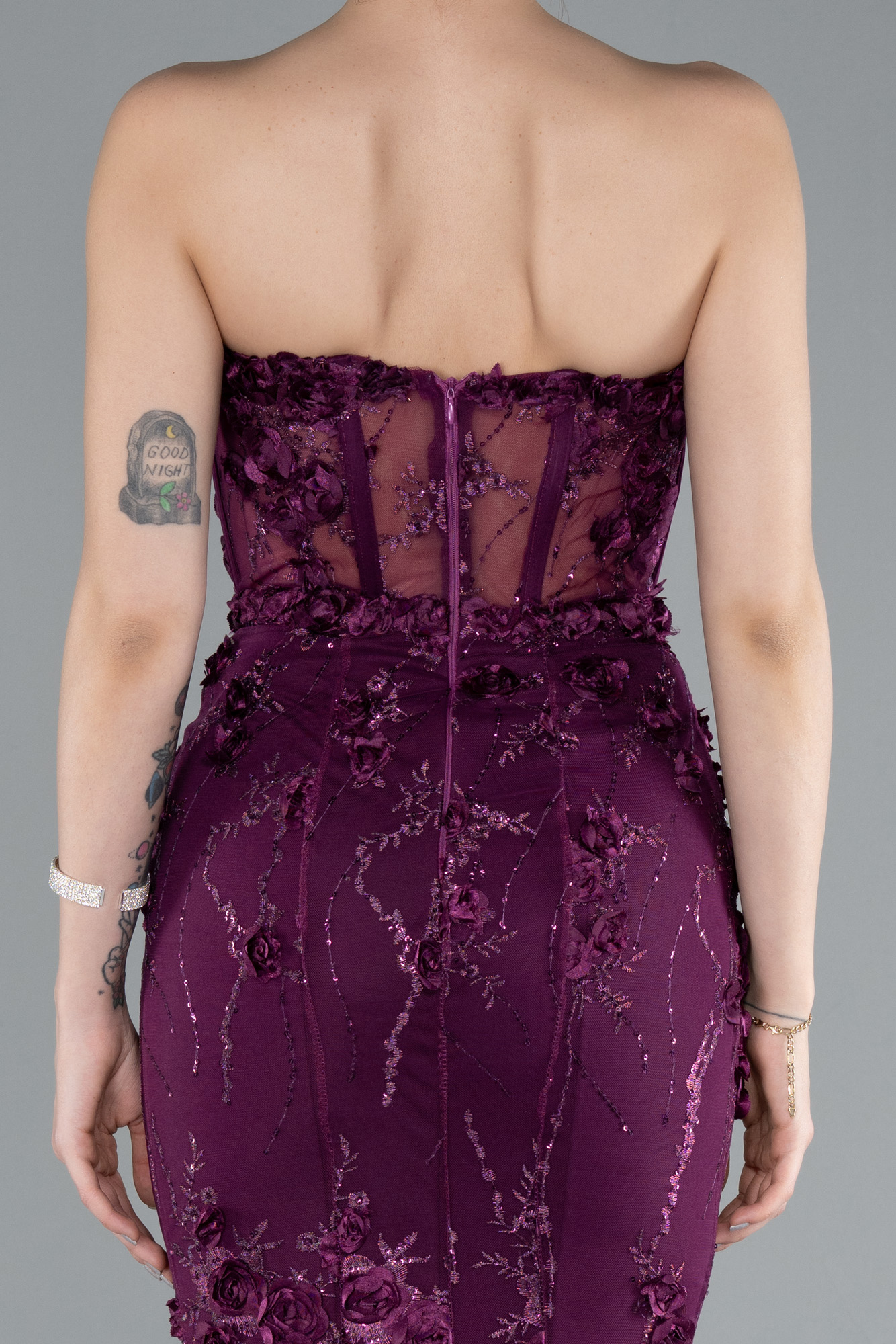 Mürdüm Straplez Üç Boyutlu Çiçek İşlemeli Balık Abiye ABU5306 - Görsel 4