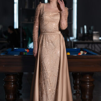 Gold Uzun Kol Taşlı Saten Kuyruk Aksesuarlı Abiye ABU4603