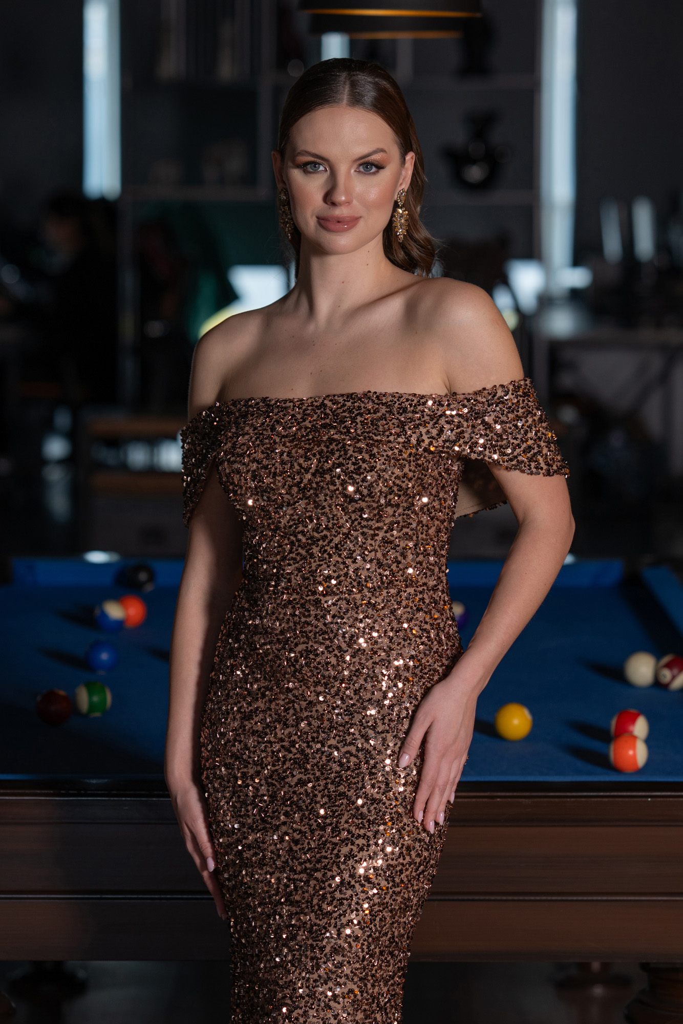 Bakır Kayık Yaka Uzun Pullu Balık Abiye Elbise ABU4778