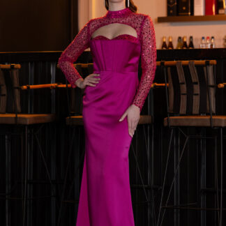 Fuşya Büstiyer Detay Pullu Uzun Kol Kuyruklu Saten Abiye ABU4765