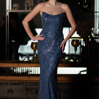 İndigo Straplez Boncuklu Uzun Abiye Elbise ABU4775