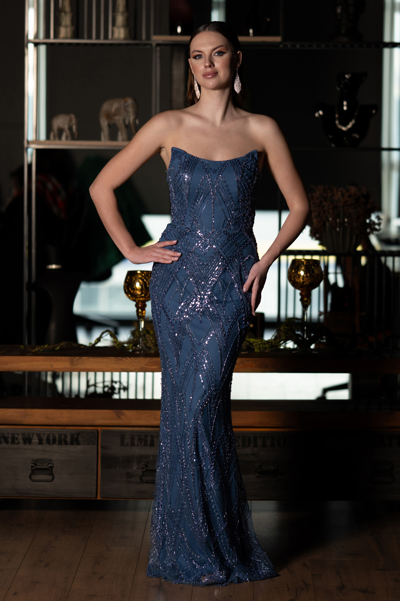 İndigo Straplez Boncuklu Uzun Abiye Elbise ABU4775