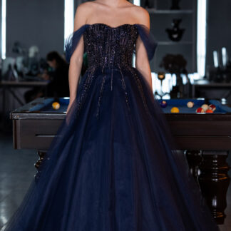 Lacivert Taşlı Kayık Yaka Özel Tasarım Uzun Nişan Elbisesi ABU4762