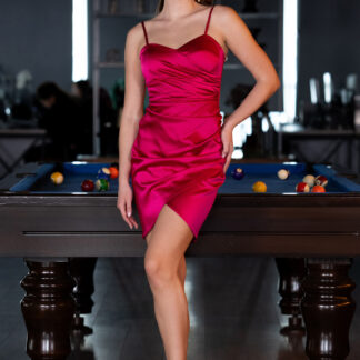 Fuşya Askılı Mini Saten Davet Elbisesi ABK2441