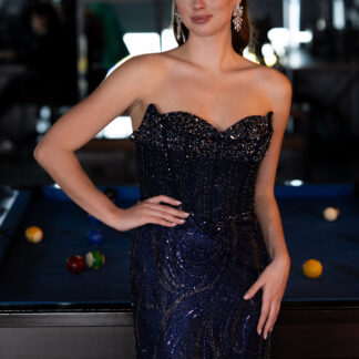 Lacivert Taşlı Straplez Yaka Uzun Özel Tasarım Balık Abiye ABU4771