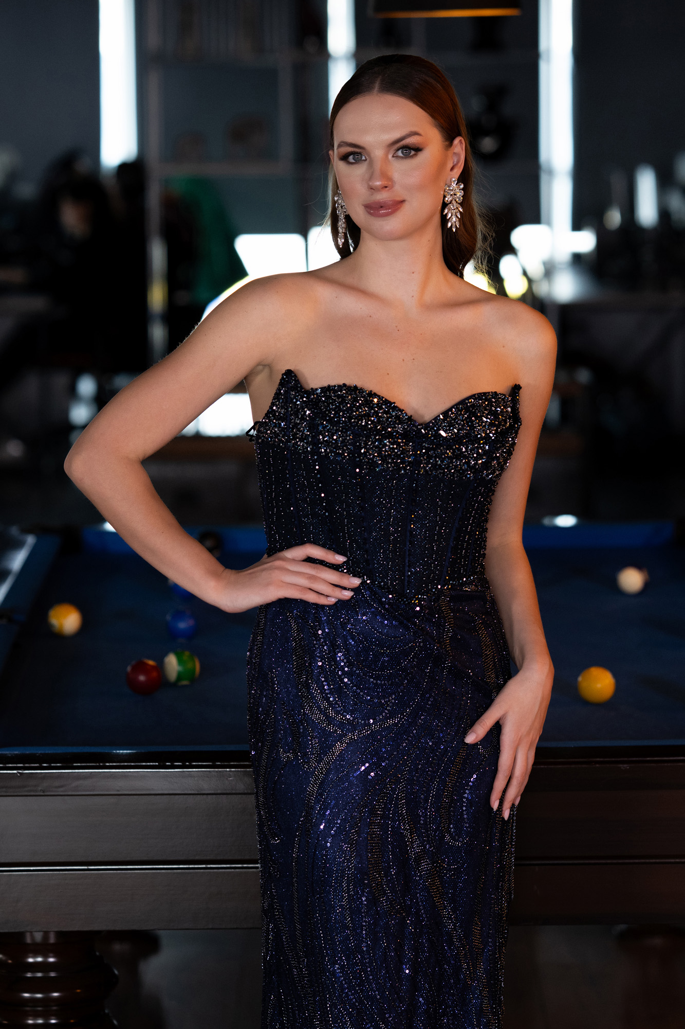 Lacivert Taşlı Straplez Yaka Uzun Özel Tasarım Balık Abiye ABU4771