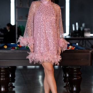 Pudra Halter Yaka Otrişli Uzun Kol Kısa Pullu Davet Elbisesi ABK2202