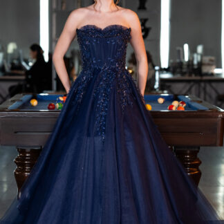 Lacivert Straplez Güpürlü Uzun Özel Tasarım Nişanlık ABU4431