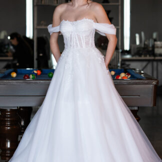 Ekru Straplez Üstü İşlemeli Uzun Prenses Gelinlik ABG088