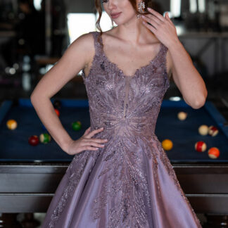 Lavanta Üstü Taş İşlemeli Uzun Nişan Elbisesi ABU4551