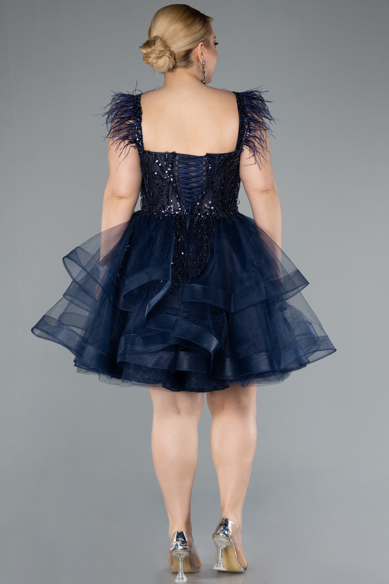 Lacivert İşlemeli Balen Korse Kısa Büyük Beden Abiye ABK2087 - Görsel 2