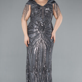 Antrasit Kısa Kol Uzun Pul Payet Büyük Beden Abiye ABU4821