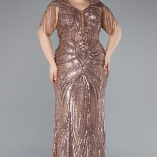 Bakır Kısa Kol V Yaka Uzun Pul Payet Büyük Beden Abiye ABU4821