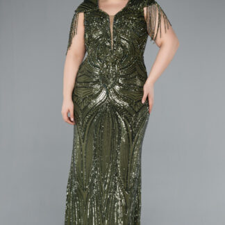 Haki Kısa Kol V Yaka Uzun Pul Payet Büyük Beden Abiye ABU4821