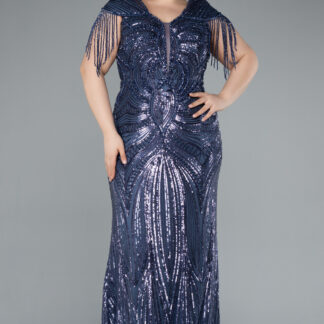 İndigo Kısa Kol V Yaka Uzun Pul Payet Büyük Beden Abiye ABU4821