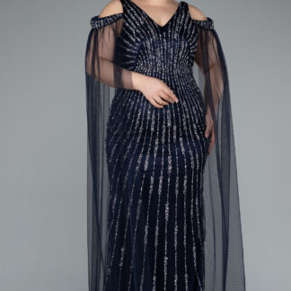 Lacivert Şal Kol V Yaka Taşlı Büyük Beden Nişan Elbisesi ABU4818