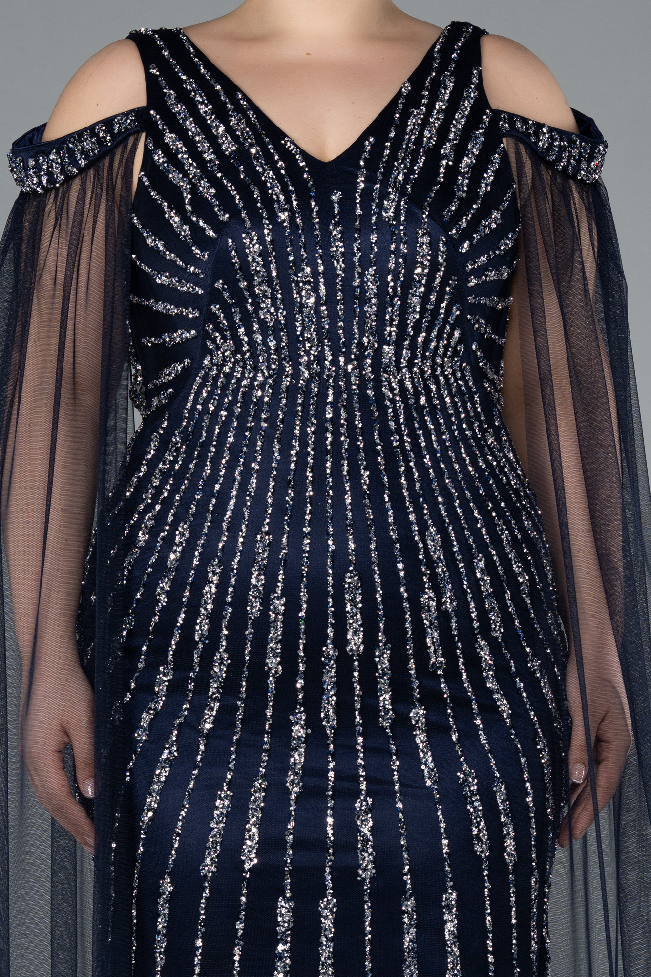 Lacivert Şal Kol V Yaka Taşlı Büyük Beden Nişan Elbisesi ABU4818 - Görsel 3