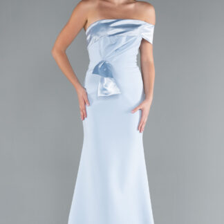 Buz Mavisi Saten Tek Omuz Uzun Balık Abiye Elbise ABU4832