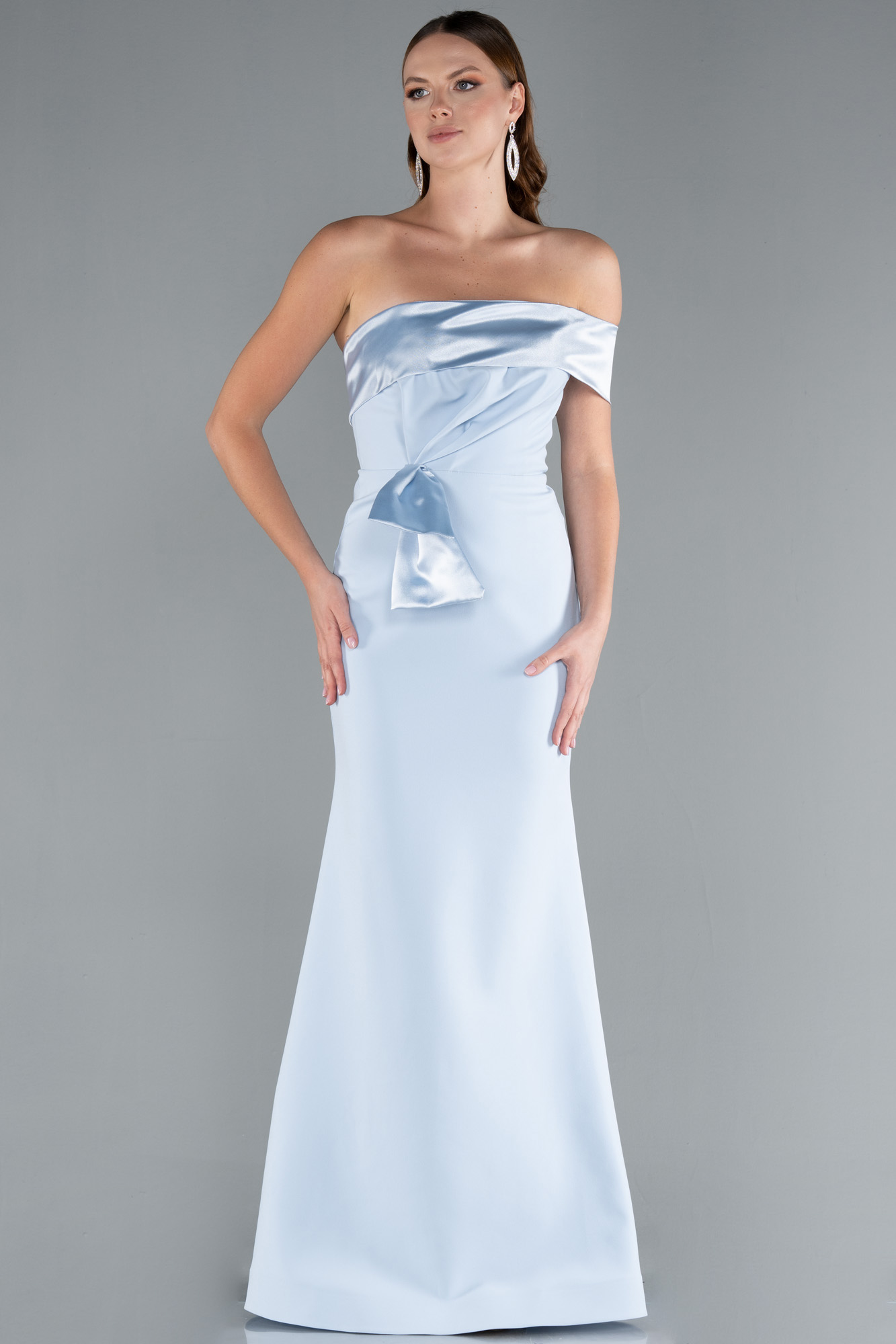 Buz Mavisi Saten Tek Omuz Uzun Balık Abiye Elbise ABU4832
