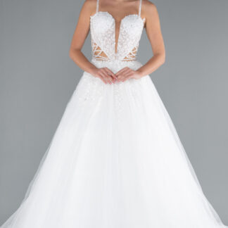 Ekru Askılı Göğsü Taş İşlemeli Uzun Prenses Gelinlik ABG125