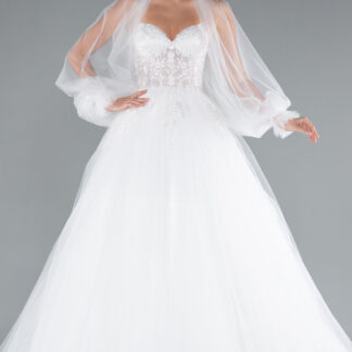 Ekru Straplez Uzun Kol Tül Bolerolu Uzun Büyük Beden Gelinlik ABG148