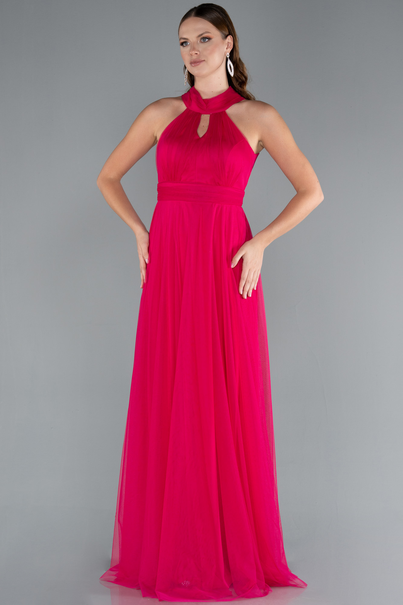 Fuşya Halter Yaka Uzun Abiye Elbise ABU3252 - Görsel 2