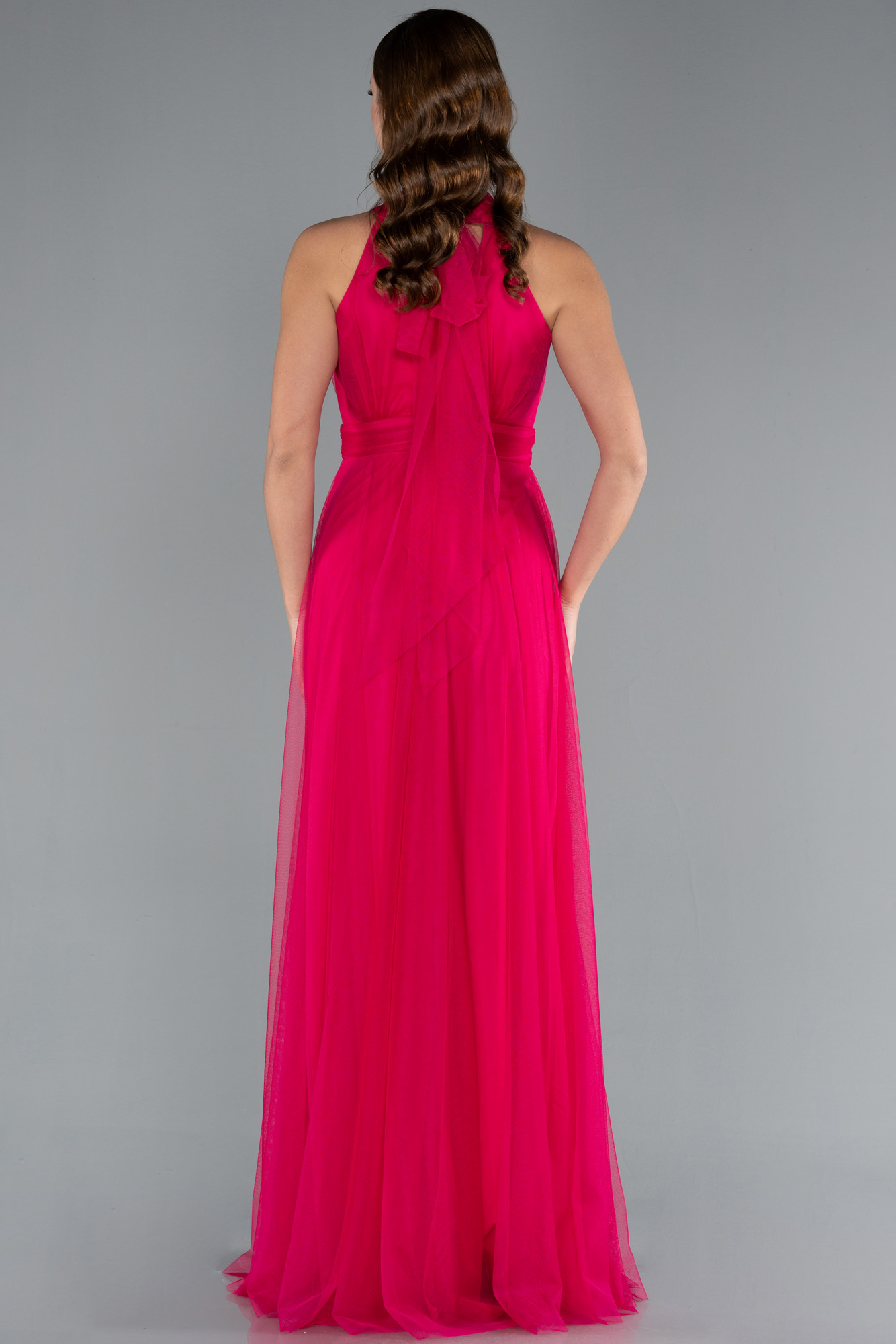 Fuşya Halter Yaka Uzun Abiye Elbise ABU3252 - Görsel 3