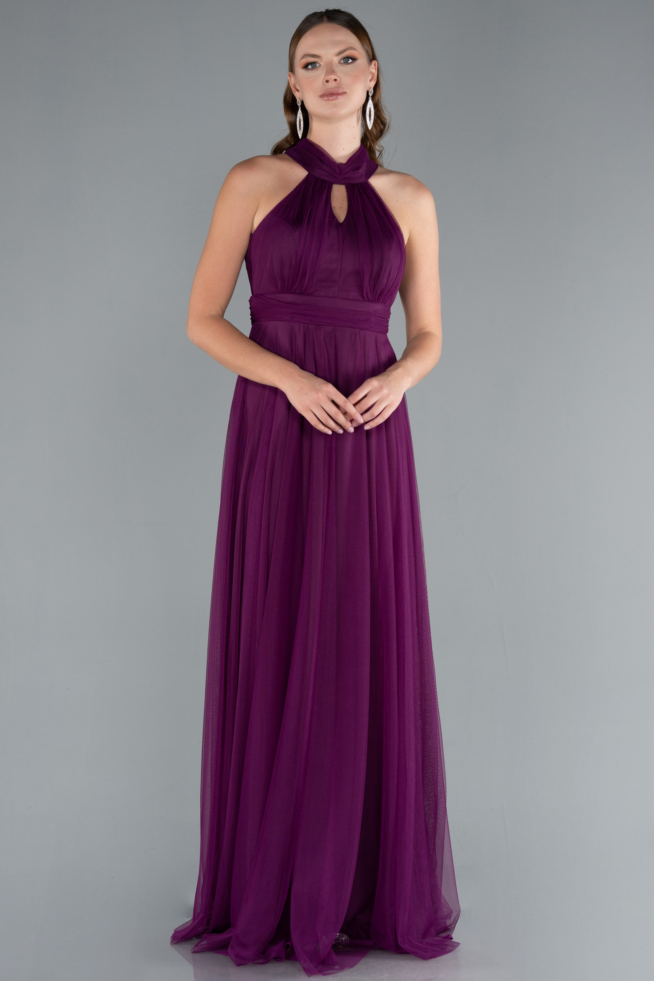 Mürdüm Halter Yaka Uzun Abiye Elbise ABU3252