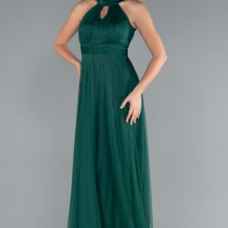 Zümrüt Yeşili Halter Yaka Uzun Abiye Elbise ABU3252