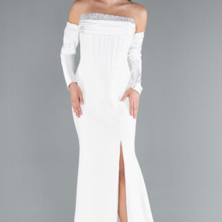 Ekru Straplez Kol Aksesuarlı Uzun Balık Abiye ABU5113