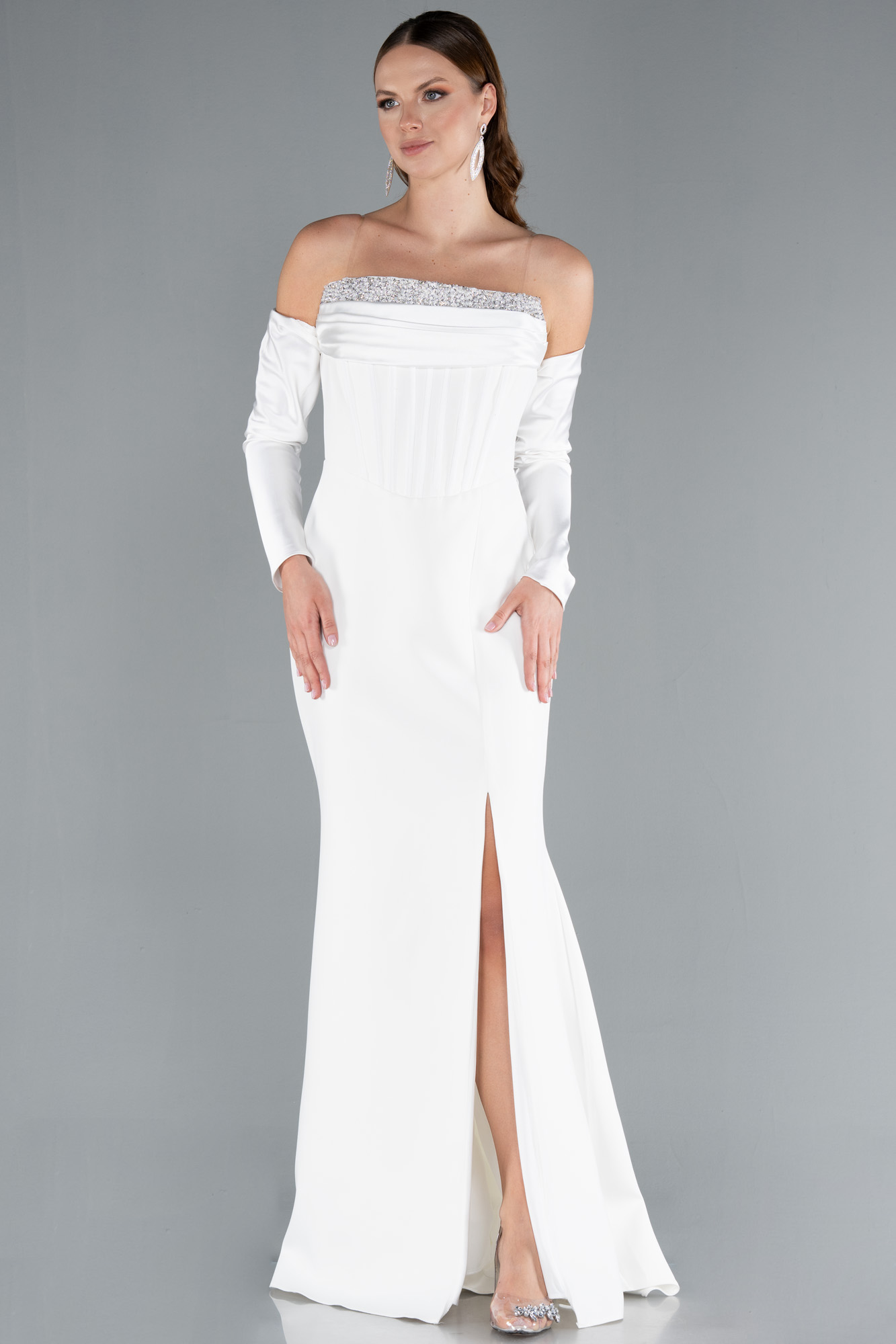 Ekru Straplez Kol Aksesuarlı Uzun Balık Abiye ABU5113