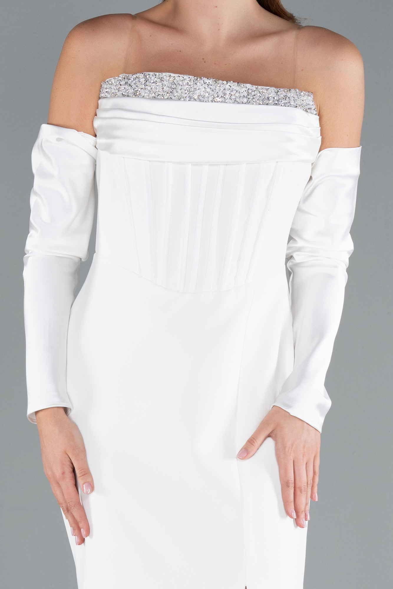 Ekru Straplez Kol Aksesuarlı Uzun Balık Abiye ABU5113 - Görsel 3