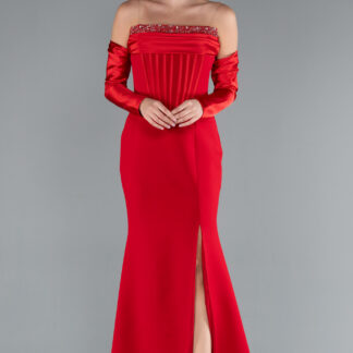 Kırmızı Taşlı Straplez Kol Aksesuarlı Uzun Balık Abiye ABU4637