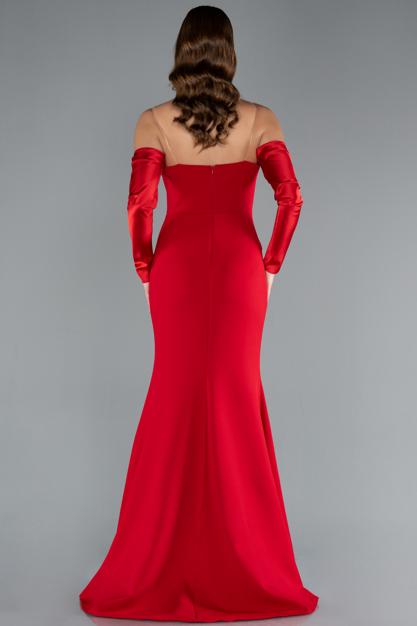 Kırmızı Taşlı Straplez Kol Aksesuarlı Uzun Balık Abiye ABU4637 - Görsel 2