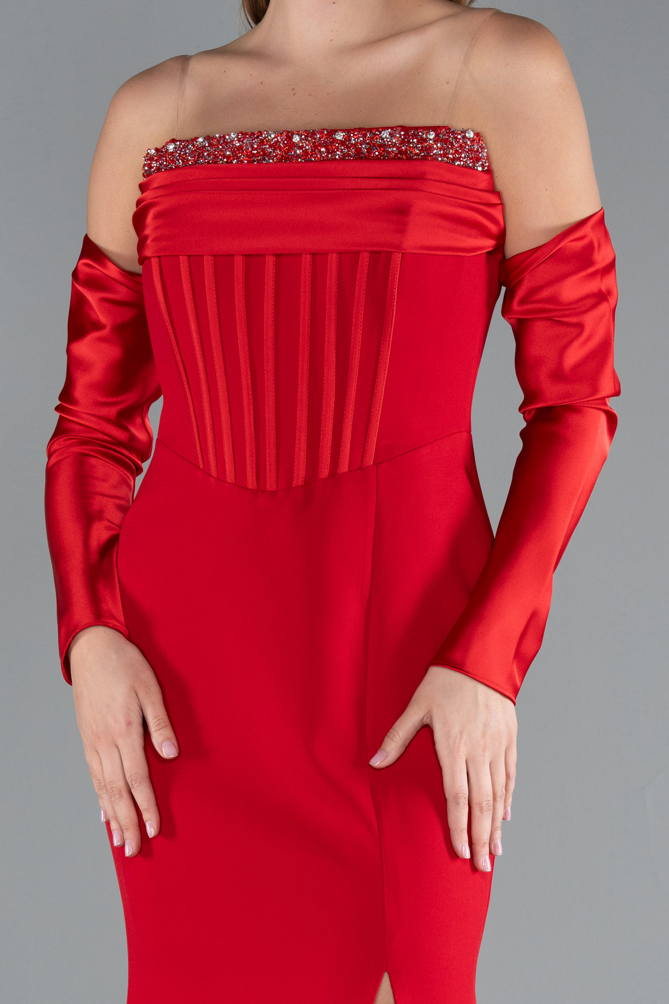 Kırmızı Taşlı Straplez Kol Aksesuarlı Uzun Balık Abiye ABU4637 - Görsel 3