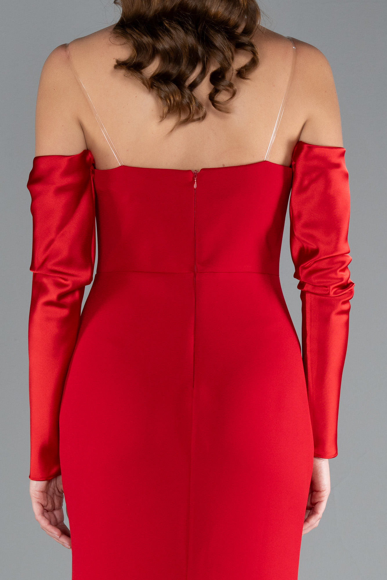 Kırmızı Taşlı Straplez Kol Aksesuarlı Uzun Balık Abiye ABU4637 - Görsel 4