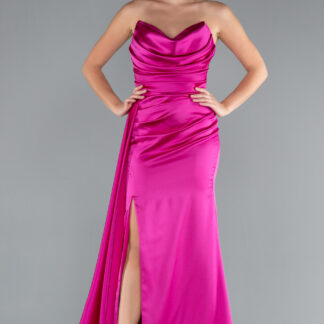 Fuşya Kedi Kulağı Straplez Yırtmaçlı Uzun Saten Abiye ABU4841