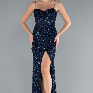 Parlement Yırtmaçlı Göğüs Drapeli Uzun Pullu Abiye Elbise ABU4842