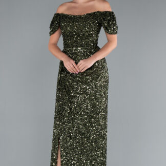 Haki Kayık Yaka Bacak Dekolteli Uzun Pullu Abiye Elbise ABU4843