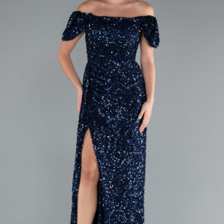 Lacivert Kayık Yaka Yırtmaçlı Uzun Pullu Abiye Elbise ABU4843