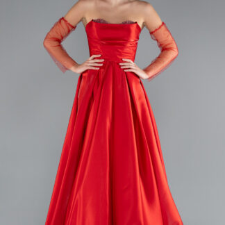 Kırmızı Taşlı Straplez Kol Aksesuarlı Uzun Tafta Abiye ABU4846